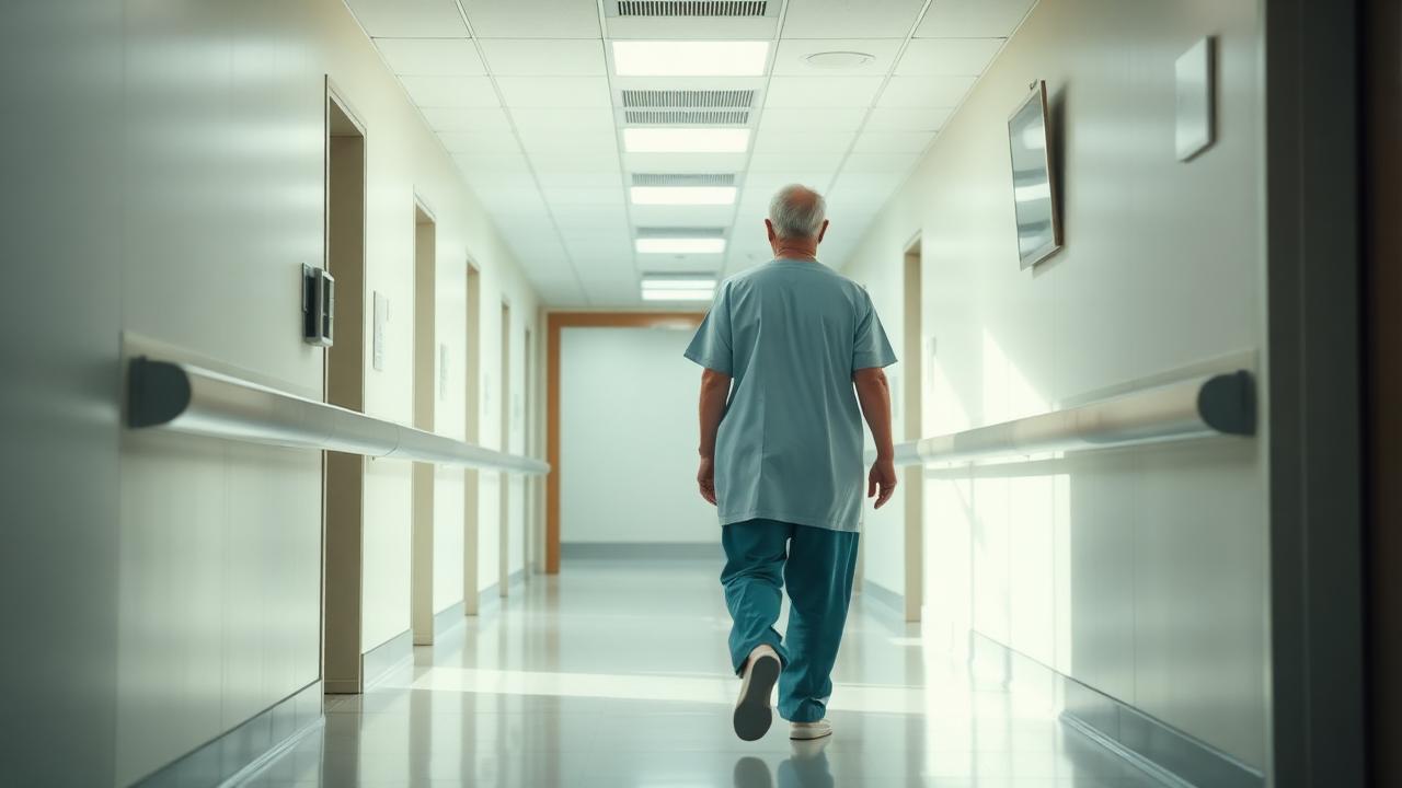 Fıtık ameliyatı sonrası iyileşme döneminde hastanın klinik koridorunda yürüyüşü